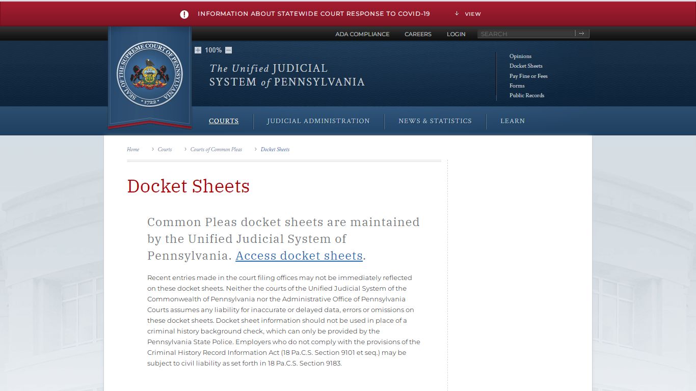 Docket Sheets | Courts of Common Pleas - Judiciary of Pennsylvania